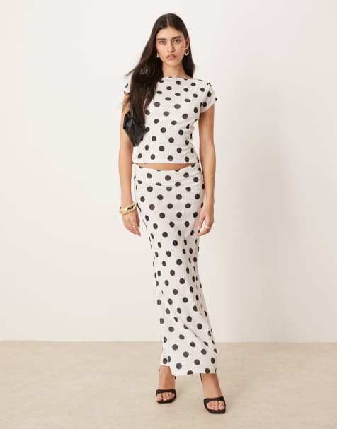 ASOS DESIGN polka dot printed dry handle rib maxi low rise skirt in ecru