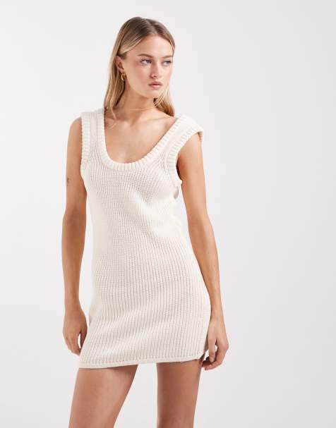 ASOS DESIGN – Prążkowana sukienka z bawełnianej dzianiny boucle w kolorze ecru - view 1