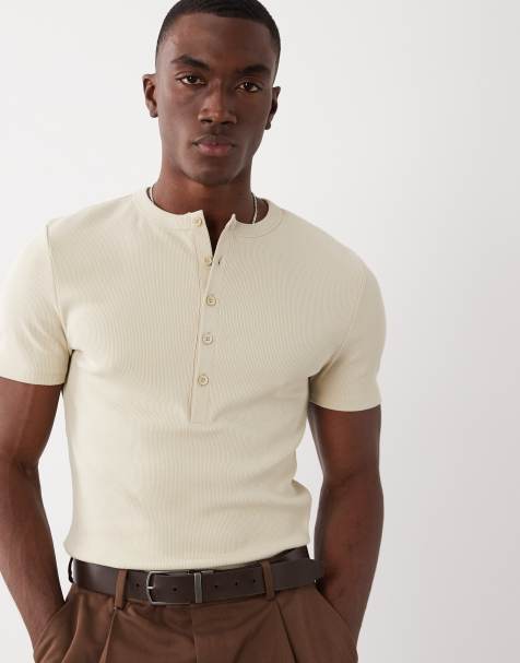 ASOS DESIGN – Prążkowany beżowy T-shirt o kroju podkreślającym sylwetkę z dekoltem typu henley - view 1