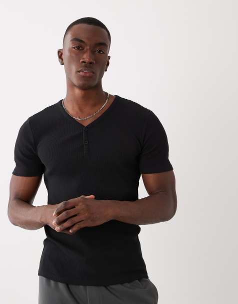 ASOS DESIGN – Prążkowany czarny T-shirt o kroju podkreślającym sylwetkę z dekoltem typu henley - view 1