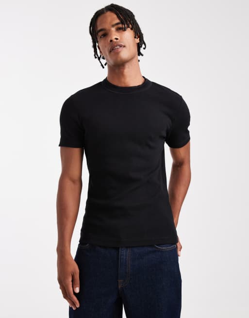 ASOS DESIGN – Prążkowany czarny T-shirt o kroju podkreślającym sylwetkę z zabudowanym dekoltem