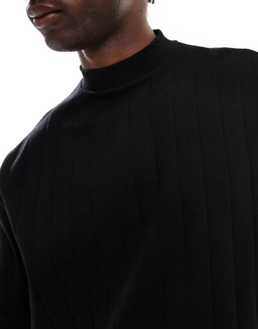 ASOS DESIGN – Prążkowany czarny T-shirt oversize o pudełkowym kroju z golfem, 3 z 4