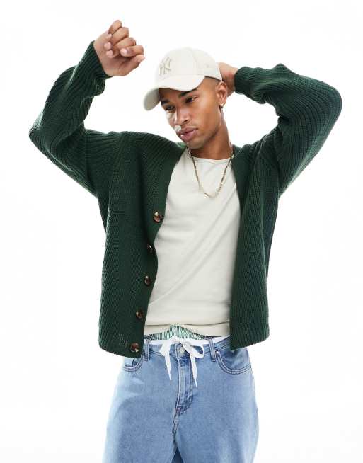 ASOS DESIGN – Prążkowany dzianinowy kardigan oversize typu fisherman w zielonym kolorze