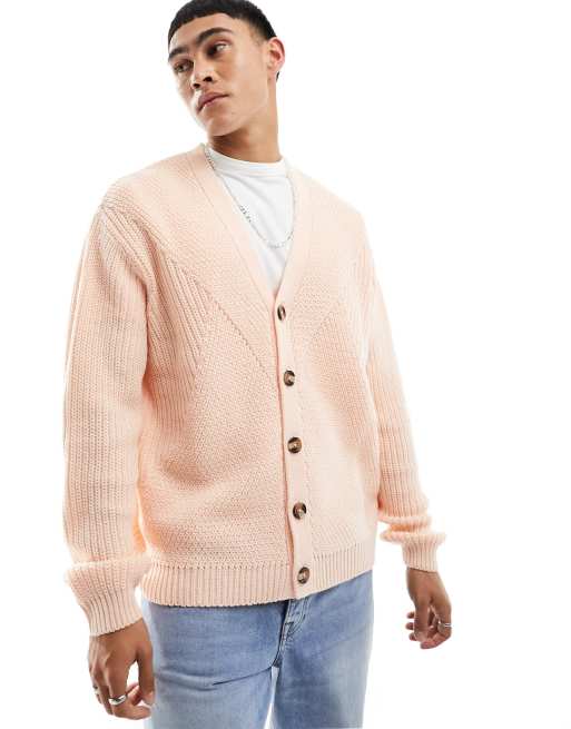 ASOS DESIGN – Prążkowany dzianinowy kardigan typu fisherman w jasnoróżowym kolorze