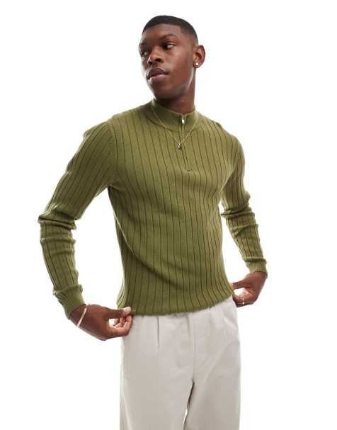 ASOS DESIGN – Prążkowany dzianinowy sweter o kroju podkreślającym sylwetkę z zamkiem pod szyją w kolorze khaki - view 1