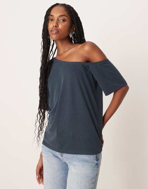 ASOS DESIGN slouchy off shoulder cupro rib tee in navy