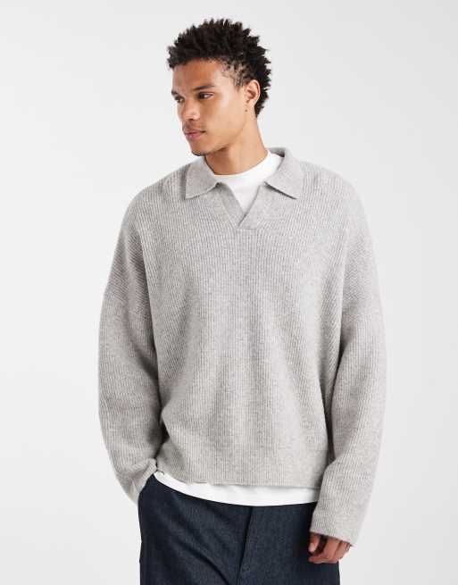 ASOS DESIGN – Prążkowany jasnoszary sweter z rozcięciem przy dekolcie o fasonie super oversize i pudełkowym kroju z dzianiny z angielskim splotem