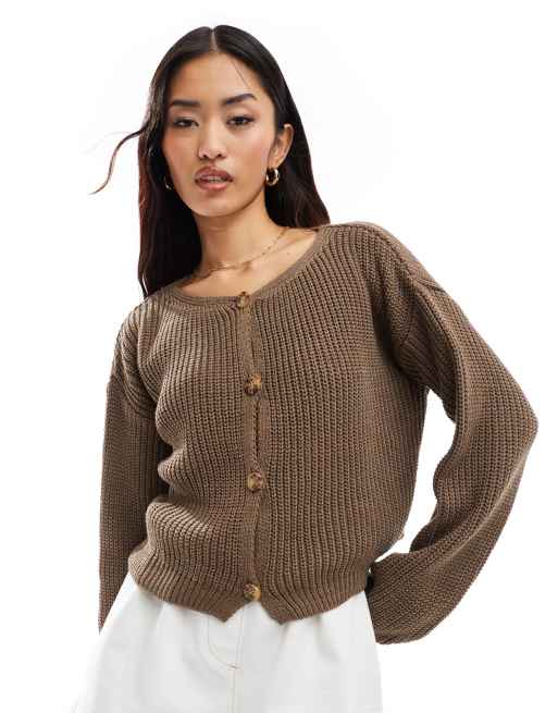 ASOS DESIGN – Prążkowany kardigan z okrągłym dekoltem w ciemnym brązowoszarym kolorze