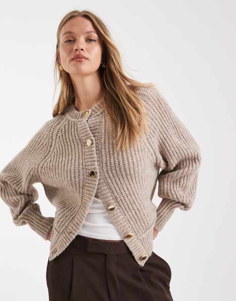 ASOS DESIGN knitted fisherman rib cardigan with raglan detail in oatmeal