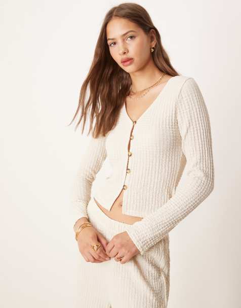 ASOS DESIGN co-ord v-neck rib long sleeve cardigan in ecru