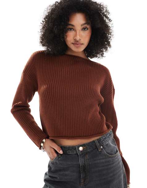 ASOS DESIGN crew neck boxy rib jumper with rolled edge in rust