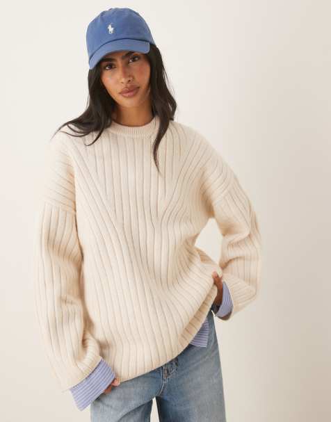 ASOS DESIGN longline crew neck jumper in rib in cream