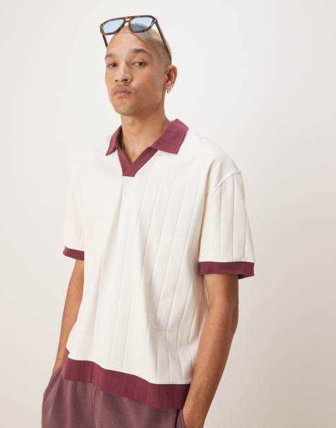 ASOS DESIGN relaxed boxy polo t-shirt with contrast collar in cream rib