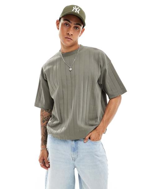 ASOS DESIGN – Prążkowany pudełkowy T-shirt o luźnym kroju w kolorze khaki - view 1