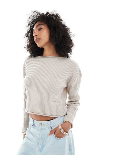 ASOS DESIGN crew neck boxy rib jumper with rolled edge in grey