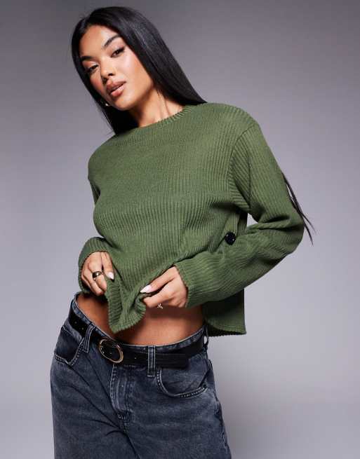 ASOS DESIGN – Prążkowany szczotkowany top z rozcięciem i guzikami z boku w kolorze khaki