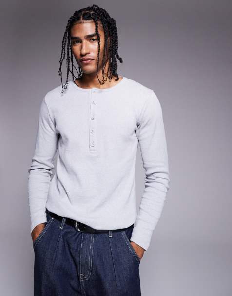 ASOS DESIGN muscle fit long sleeve t-shirt with henley neck in grey marl rib