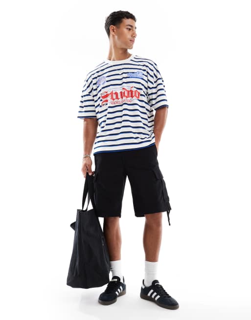 ASOS DESIGN – Prążkowany T-shirt w paski o pudełkowym kroju oversize z obniżoną linią ramion i grafiką sportową
