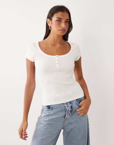 ASOS DESIGN prążkowany top henley z dekoltem w kształcie litery U w kolorze ivory - view 1
