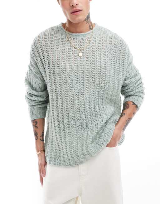 ASOS DESIGN – Prążkowany zielony sweter oversize ze szczotkowanej dzianiny z ażurowym wzorem