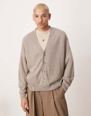 Premium 100% cashmere oversized boxy fit cardigan in taupe-Gray