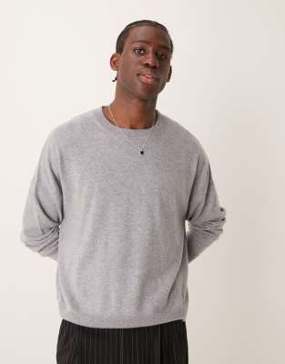 Premium 100% cashmere oversized boxy fit crew neck sweater in gray heather