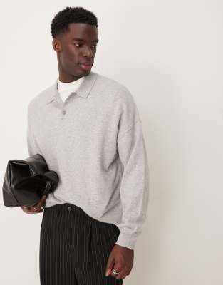 Premium 100% cashmere oversized boxy fit polo sweater in light gray heather