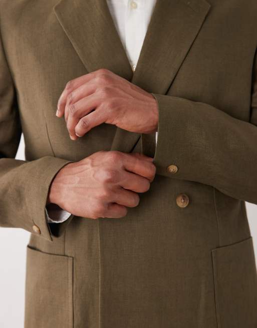 ASOS DESIGN Premium 100% linen regular suit jacket in olive green, 3 of 5