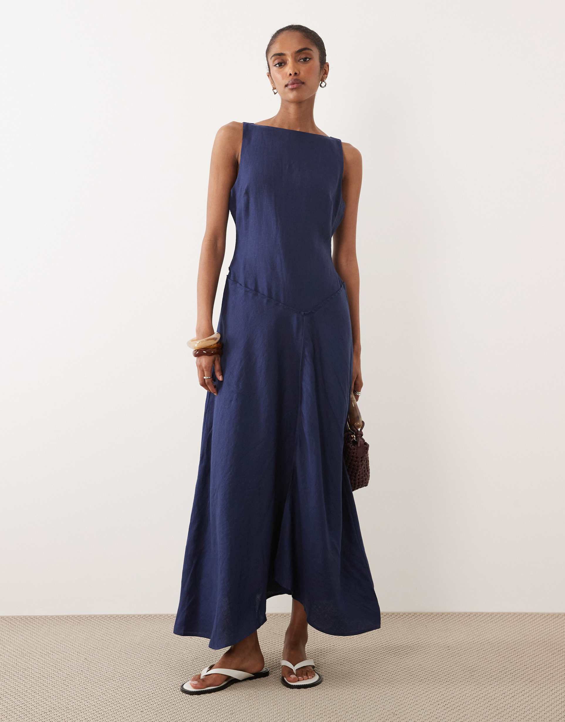 asos design premium 100% linen slash neck midi dress with asymmetric dropped waist and hanky hem in navy