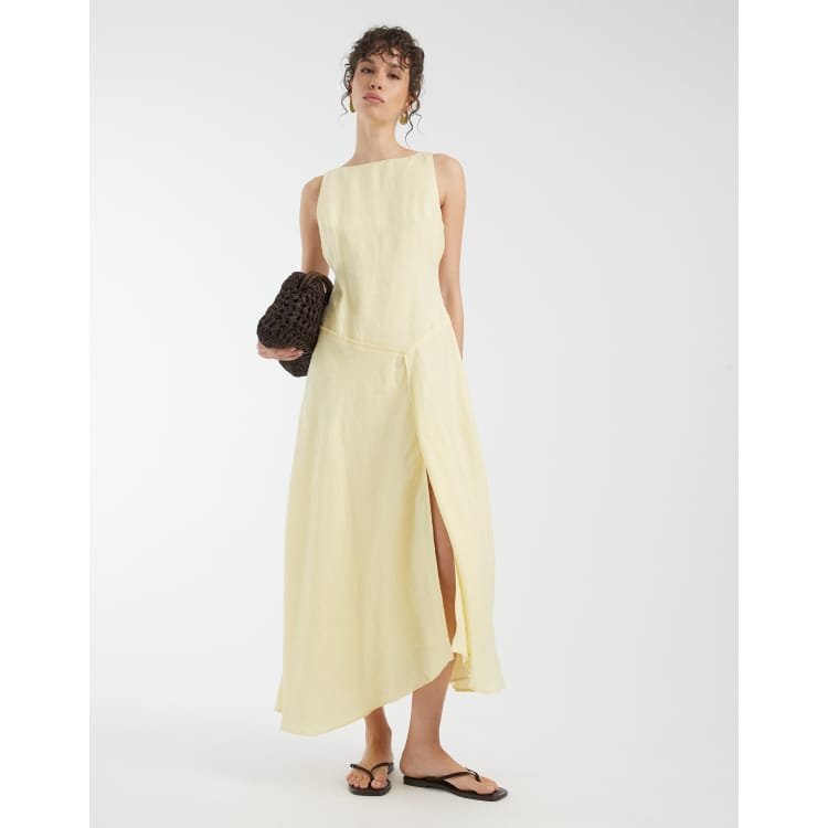ASOS DESIGN premium 100% linen slash neck midi dress with asymmetric  dropped waist in lemon | ASOS