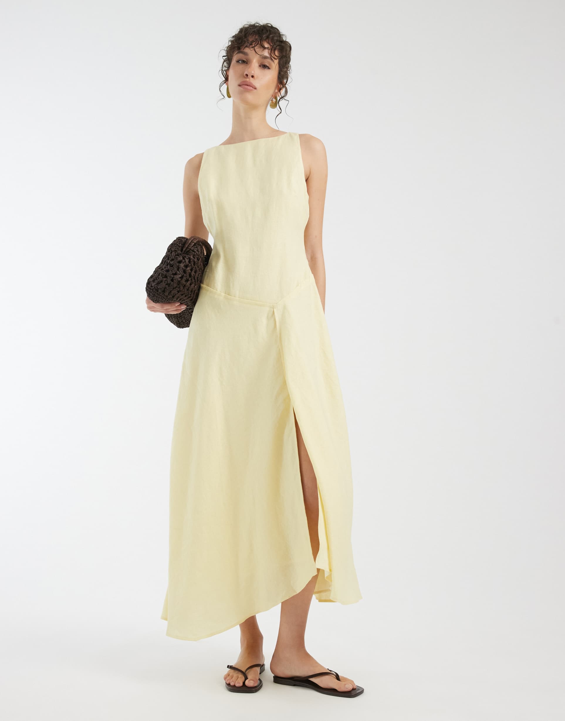 asos design premium 100% linen slash neck midi dress with asymmetric dropped waist in lemon