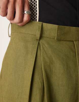 Asos Design Premium 100% Linen Tapered Suit Pants In Green