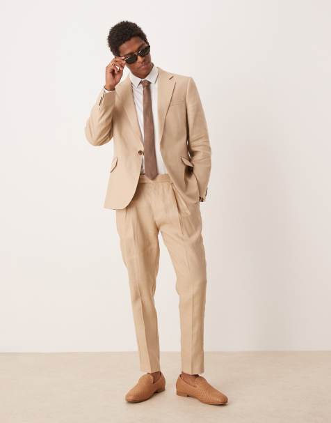 ASOS DESIGN premium 100% linen tapered suit pants in stone - view 1