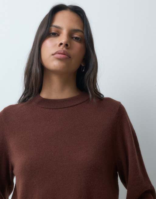 ASOS DESIGN premium 100% merino wool crew neck jumper in chocolate, 3 of 4