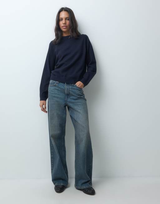 ASOS DESIGN premium 100% merino wool crew neck jumper in navy, 3 of 4