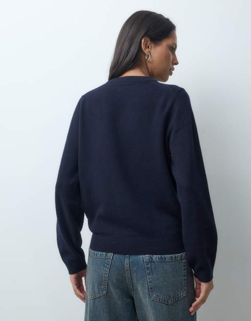ASOS DESIGN premium 100% merino wool crew neck jumper in navy, 4 of 4