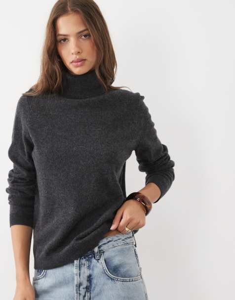 ASOS DESIGN premium 100% merinould rullekrave-striktrøje i charcoal - view 1