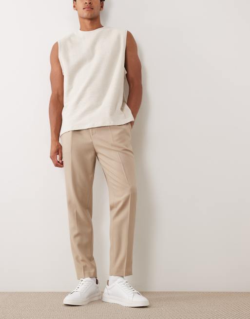 ASOS DESIGN premium 100% summer wool tailored tapered pants in stone with side adjusters, 2 of 5