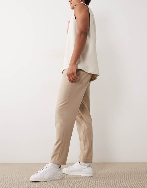 ASOS DESIGN premium 100% summer wool tailored tapered pants in stone with side adjusters, 3 of 5