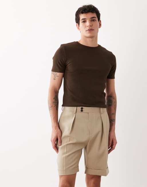 ASOS DESIGN premium 100% wool regular fit shorts in stone, 2 of 5
