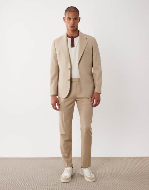 ASOS DESIGN premium 100% wool slim suit trousers in stone