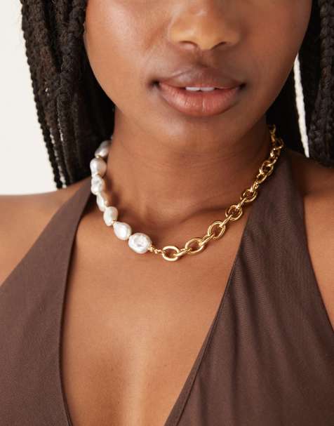 ASOS DESIGN Premium 14k gold plated chain necklace with faux freshwater pearls - view 1