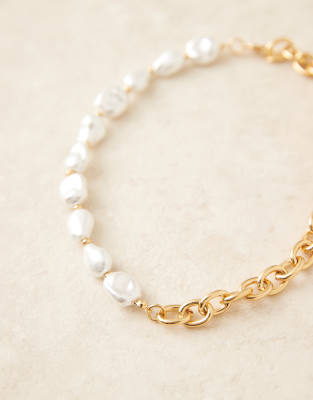 Asos Design Premium 14k Gold Plated Chain Necklace With Faux Freshwater Pearls