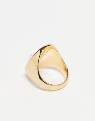Asos Design Premium 14k Gold Plated Signet Ring With Brushed Faux Pearl In Gold