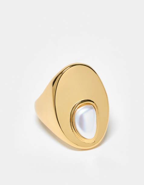 ASOS DESIGN premium 14k gold plated signet ring with brushed pearl - view 1
