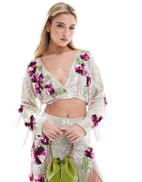 ASOS DESIGN premium 3D floral embellished crop top co-ord in silver and pink - view 1