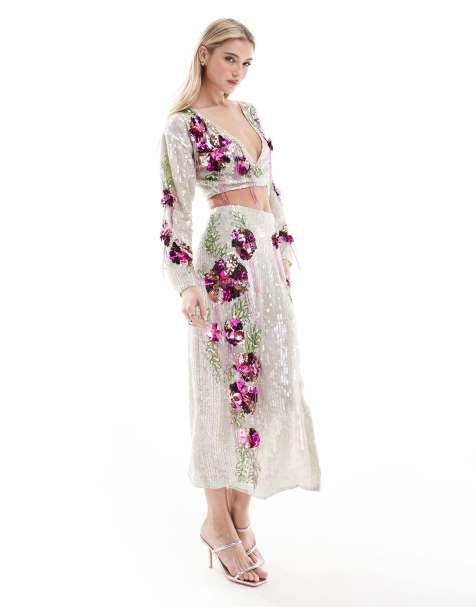 ASOS DESIGN premium 3D floral embellished crop top & midi skirt co-ord in silver and pink - MULTI - view 1
