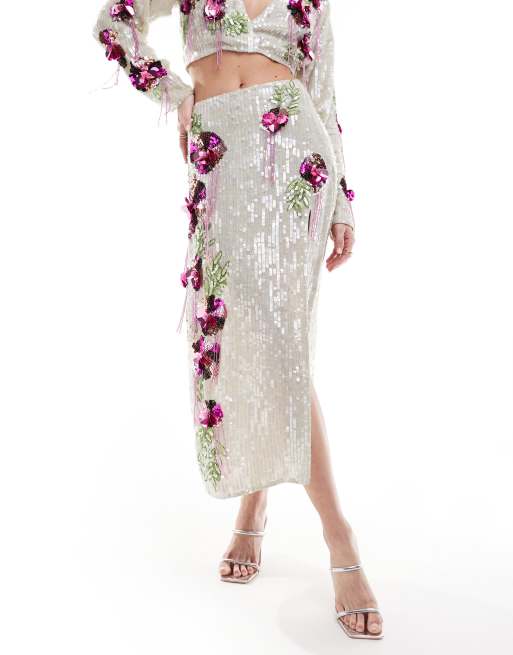 ASOS DESIGN premium 3D floral embellished midi skirt co-ord in