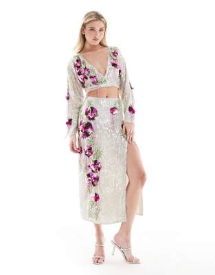 Asos Design Premium 3d Floral Embellished Midi Skirt In Silver And Pink - Part Of A Set-multi In Multi