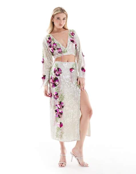 ASOS DESIGN premium 3D floral embellished midi skirt in silver and pink - part of a set - view 1